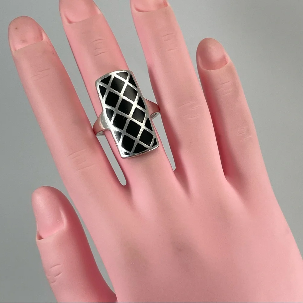 Vintage CFJ 925 Sterling Silver Black Onyx Ring Art Deco Geometric Band